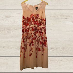 ADRIANA PAPELL | Blush Peach and Burgundy Floral Chiffon A-Line Dress | Size 10